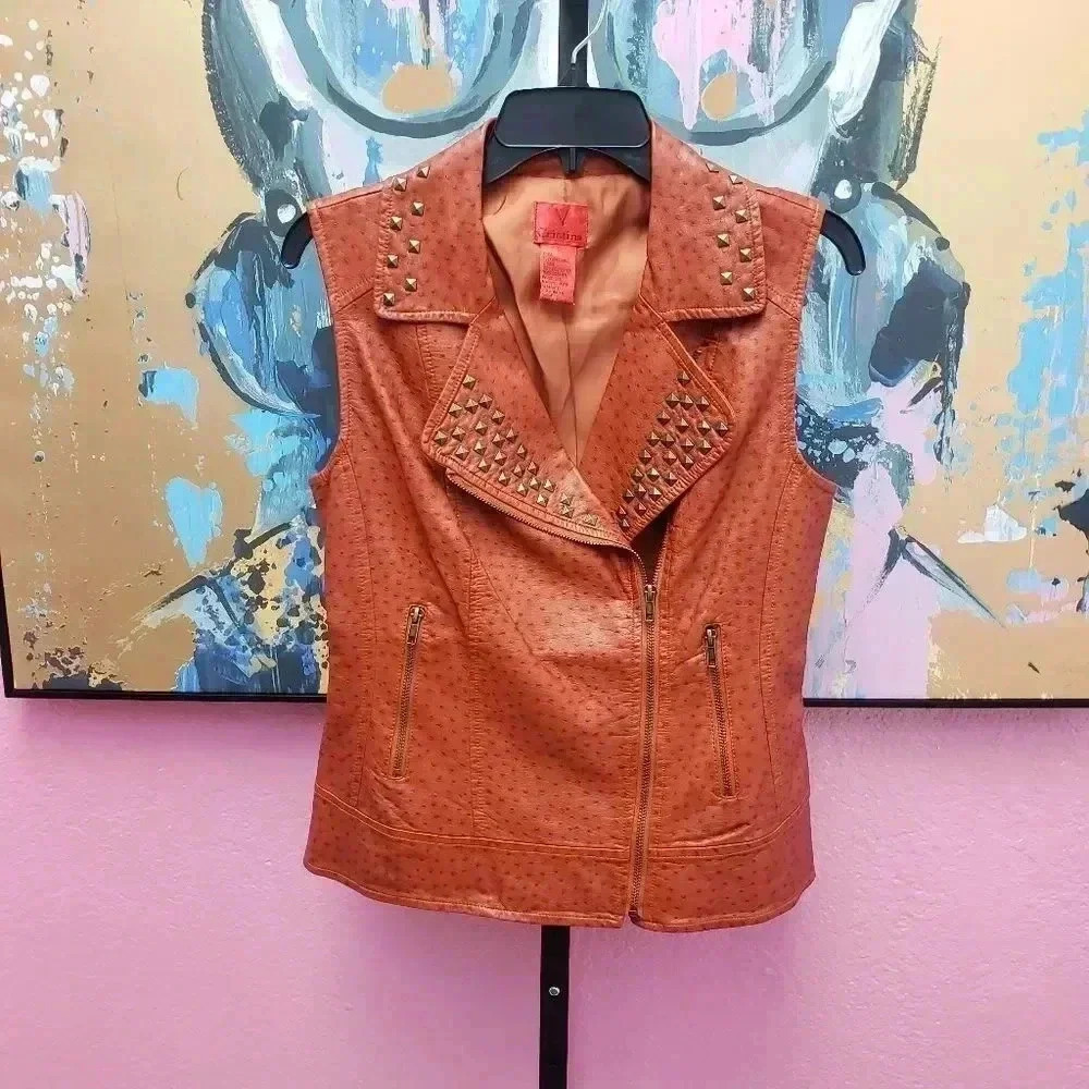 V Cristina Burnt Orange/Ruse Moto Zip Vegan Ostrich Leather Studded Vest